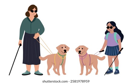 Blind woman and little girl with theirs dog guide walking outside