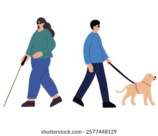 Blind woman and blind man with his assistance guide dog walking outside