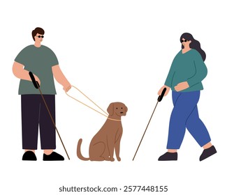 Blind woman and blind man with his assistance guide dog walking outside 