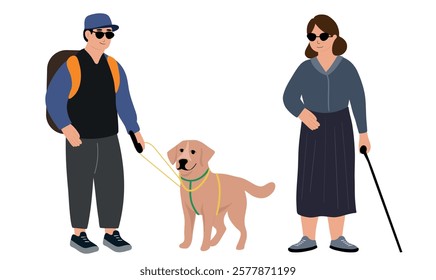 Blind woman and blind man with his dog guide walking outside