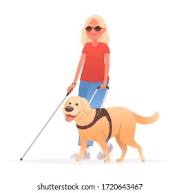 Blind woman on a walk with a guide dog on a white background. People with disabilities. Vector illustration in cartoon style