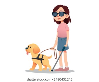 Mujer ciega en un paseo con un perro guía sobre un fondo blanco. Personas discapacitadas. Ilustración vectorial en estilo de dibujos animados.