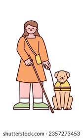 A blind woman stands smiling with his guide dog. Cute style illustration with outlines.