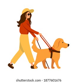 Blind woman with stick walks beside guide dog leads. Golden Retriever and human isolated on white background cartoon style. Flat design for poster, banner, flyer, web, mockup, business, company, sign. svg