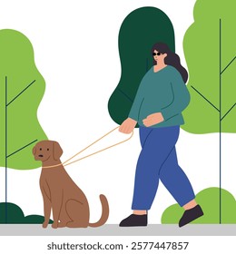 Blind woman with their assistance guide dog walking outside 