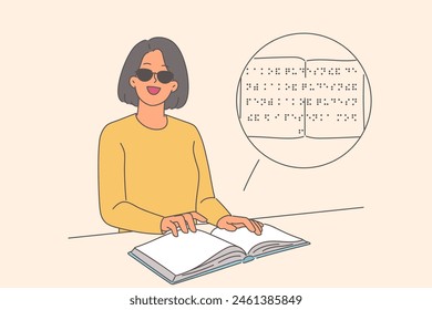 La mujer ciega utiliza el braille para leer libros o libros de texto y adquirir nuevos conocimientos, estudiando en la universidad. Chica casual que ha perdido la vista, en gafas de sol, disfruta de la ficción con letras braille en relieve