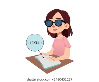 La mujer ciega utiliza el braille para leer libros o libros de texto y adquirir nuevos conocimientos, estudiando en la universidad. Chica casual que ha perdido la vista, en gafas de sol, disfruta de la ficción con letras braille en relieve.