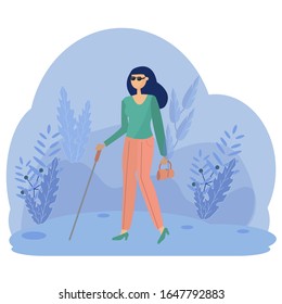 Blind Woman in vector design, Young Person With Disability Living Full Life. Activity concept in flat style