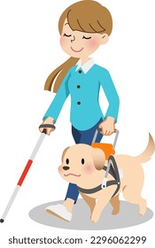 Blind woman walking with a cane and a guide dog