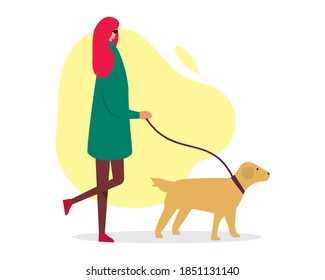 blind woman walking with dog vector illustration in flat style