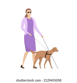 Mujer ciega caminando con perro guía. Ilustración vectorial.