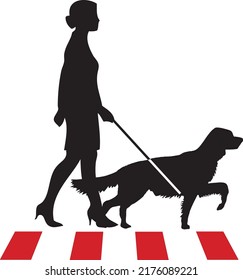 Blind woman walking with guide dog and walking stick. Fictional plot, image and history.
