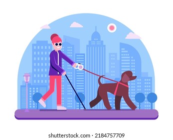 Blind woman walking with guide dog in city. Brown poodle leading blind lady across the street. Cheerful girl with cane and leader seeing eye dog strolls across street with skyscrapers. svg