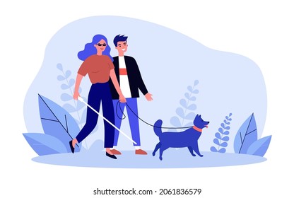 Blind woman walking with man helper and guide dog. Person with physical disability holding stick flat vector illustration. Help of guide animals concept for banner, website design or landing web page