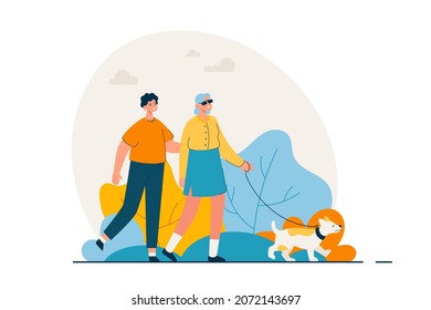 Blind woman walking in park with a dog and friend or caregiver. Support, diversity and disabilities concept. Modern flat vector illustration