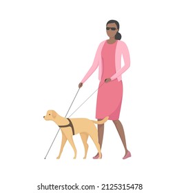 Blind woman walking with seeing eye dog. Vector illustration.