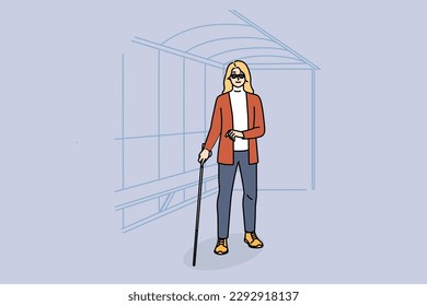 Blind woman with walking stick waiting on bus stop. Disabled female with cane wait for transport. Vector illustration. 