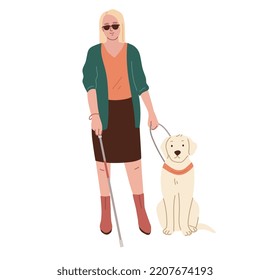 Blind woman wearing black glasses, walking with a stick and guide dog. Disable person. Flat vector illustration. svg