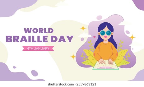 blind woman wearing sunglasses reading a book. World Braille Day on January 4th