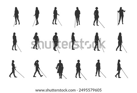 Blind women walking silhouette, Blind girl silhouettes, Blind person walking silhouette, Blind women vector set.