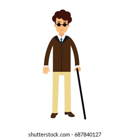 Blind young man in dark glasses and walking stick colorful vector Illustration