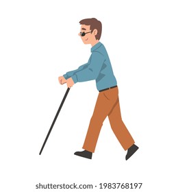 Blind Young Man in Glasses Strolling with Walking Cane Cartoon Vector Illustration