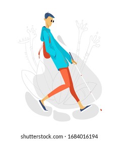 blind young man goes with a stick for the blind in a cartoon style