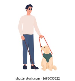 Joven ciego con perro guía. Personas discapacitadas que viven el concepto de vida activa, el ableismo y la virosidad. Discapacidad visual o pérdida de visión, asistencia animal. Ilustración vectorial al estilo de las caricaturas planas.