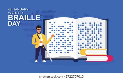 Blinder junger Mann mit Stock und Buch. Person mit Behinderung hat ein Braille-Buch