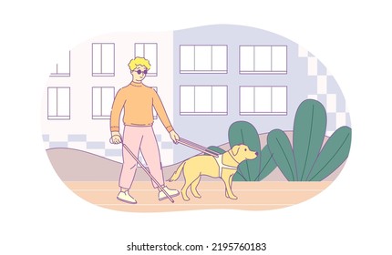 Joven ciego caminando con su perro por la calle. Hombre con gafas de sol y bastón caminando con perro guía sobre correa. Hombre con deterioro visual y su animal de compañía vector dibujado a mano