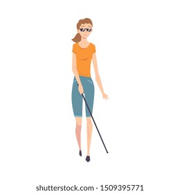 Blind Young Woman Character in Dark Glasses Walking with Cane Vector Illustration