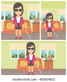 A blind young woman in dark glasses standing with walking stick in the living room. Vector flat design Illustration. Square, horizontal, vertical layouts.