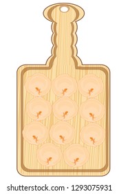 Blinded damp meat dumplings on kitchen board on white background is insulated