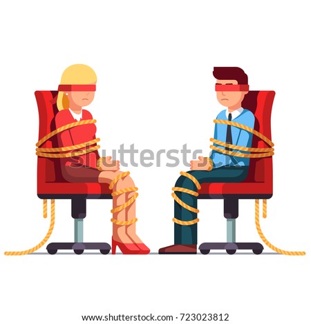 Blindfold business man and woman with rope tied hands & foots sitting on office chairs. Metaphor of professional challenges & difficulties in a career. Flat style vector illustration isolated on white