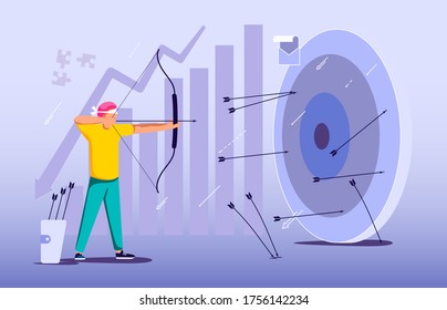 Blindfold businessman aiming from a bow. Wrong business goal solution, miss target, hit off the mark concept. Mistaken strategy and failure metaphor. Flat Art Vector Illustration