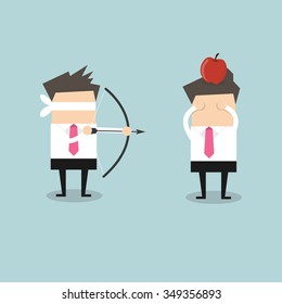 Blindfold businessman aiming to shoot at apple on another man's head vector