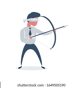 Blindfold Businessman with bow and arrow. Vector flat design illustration.