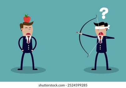 Blindfold businessman executive holding bow and arrow aiming to shoot at apple on another mans head. Business risk concept. Vector illustration