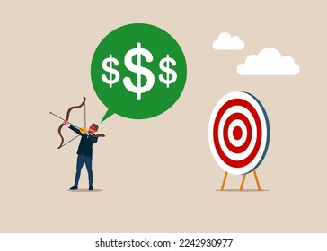 Blindfold businessman holding bow and arrow look for target in wrong direction. Flat vector illustration.