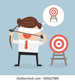 Blindfold businessman holding bow and arrow look for target in wrong direction vector