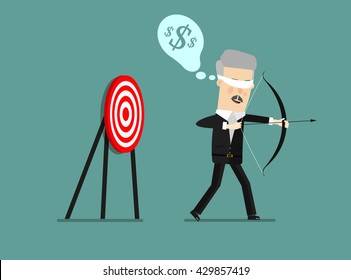 Blindfold businessman holding bow and arrow look for target in wrong direction. Business concept cartoon illustration.