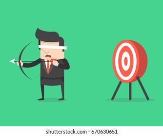 Blindfold businessman holding bow and arrow look for target in wrong direction. Business concept. Flat cartoon style. Vector illustration.