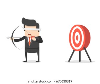 Blindfold businessman holding bow and arrow look for target in wrong direction. Business concept. Flat cartoon style. Vector illustration.