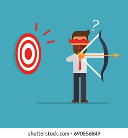 Blindfold businessman holding bow look for target in wrong