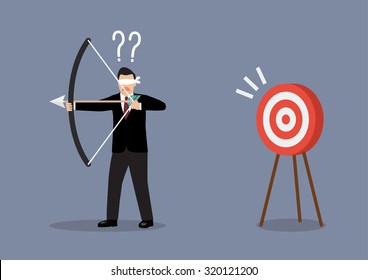 Blindfold businessman look for target in wrong direction. Business concept