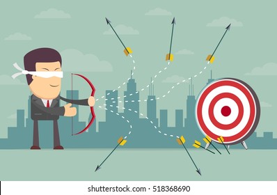 Blindfold businessman - loser shooting arrow . Stock vector illustration