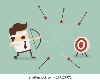 Blindfold businessman shooting arrow 