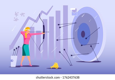 Blindfold businesswoman aiming from a bow. Wrong business goal solution, miss target, hit off the mark concept. Mistaken strategy and failure metaphor. Flat Art Vector Illustration