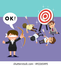 Blindfold businesswoman miss hitting target arrow, vector illustration cartoon