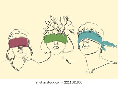 Blindfold on abstract line art. Psychology concept. Blindness, human suffering.portrait with bandaged eyes. Antique king.silence and ignoring the problem.sealed eyes. Denial and resistance to clarity.